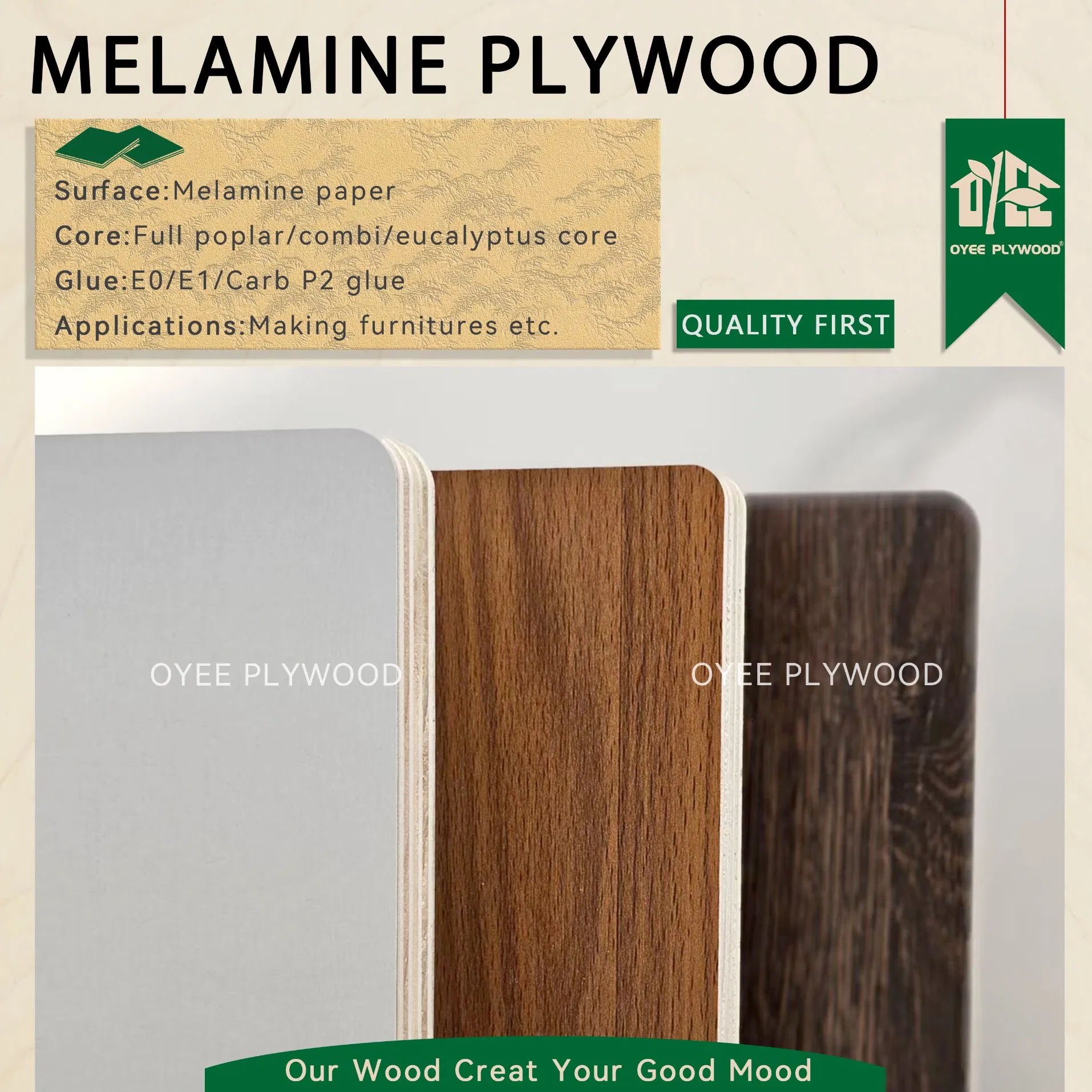 Top Quality Melamine Laminated Plywood Matt/Glossy/Embossed Finish /Wood Grain Plywood Board for Furniture, Decoration