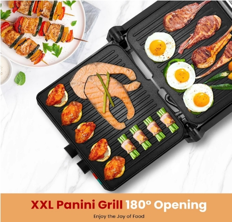 Panini Grill Press, Sandwich Maker Press, Contact Grill, Non-Stick Grill, 60-Minute Timer, 180 Degrees Opening, Stainless Steel