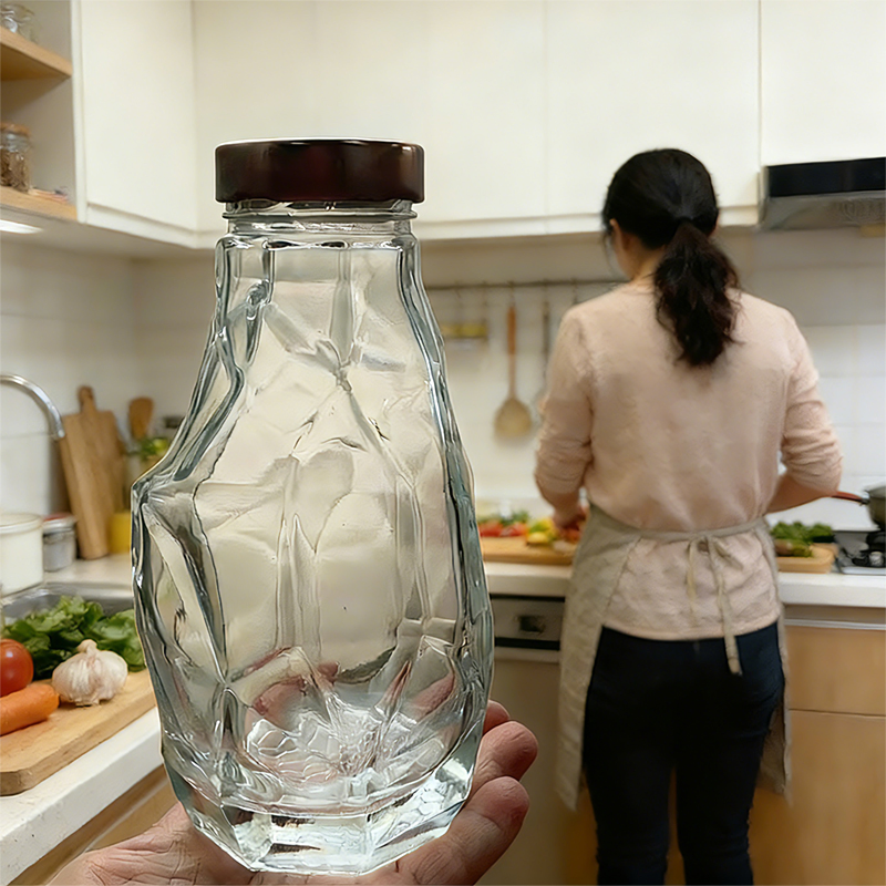 Irregular Polygonal Glass Bottle Household Transparent Honey Jar with Screw Cap Glassware