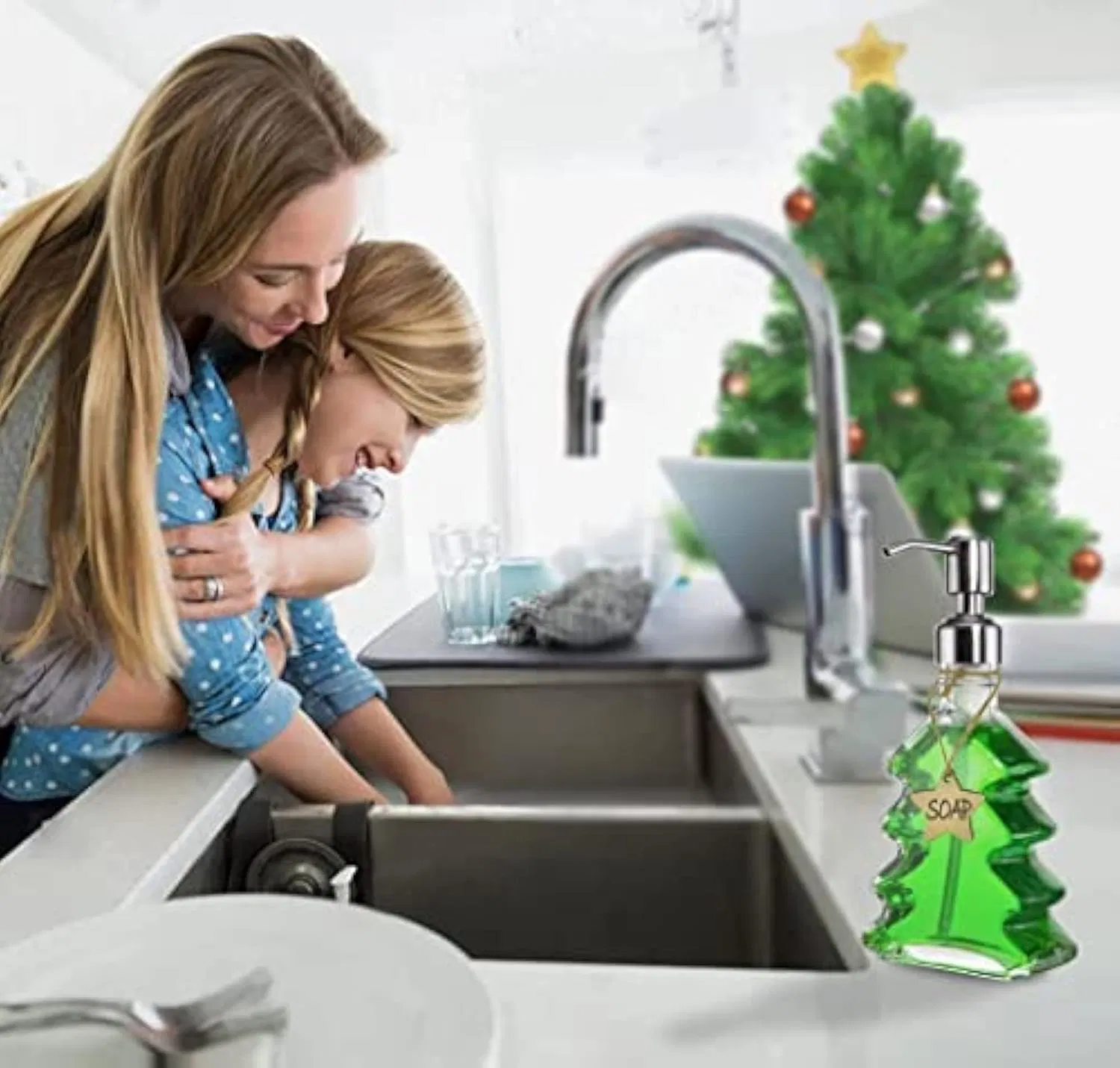 Christmas Tree Soap Dispenser, Glass Soap Dispenser with Black 304 Rust Proof Pump Xmas Decor, , Dish Soap, Kitchen, Bathroom Glass Bottle