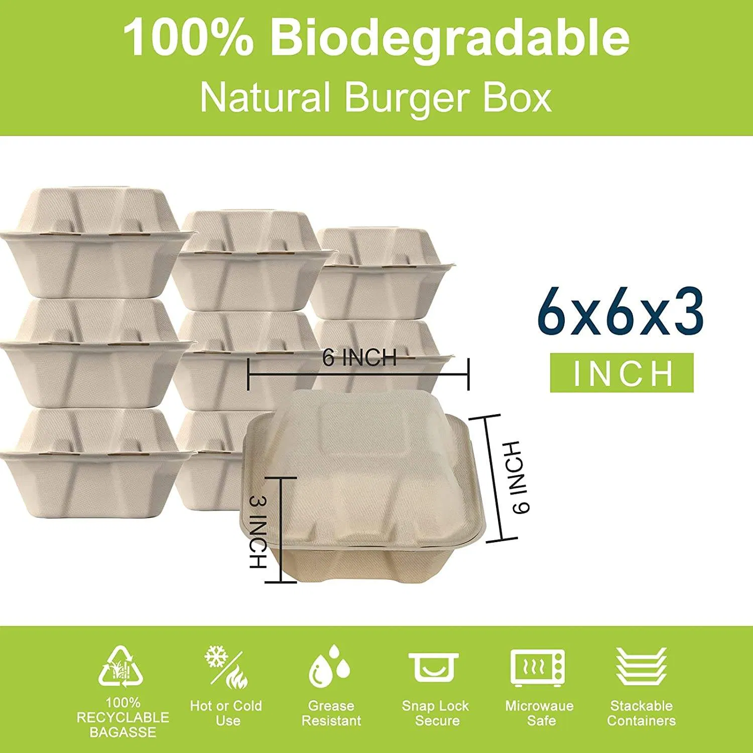 Disposable 7X7 Inch Square Bagasse Box for Catering with Stacking Ribs