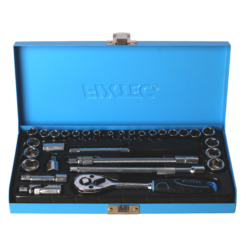Fixtec 31PC 1/4" Socket Set (S&M) with Ranchet H Handle and Extension Bar