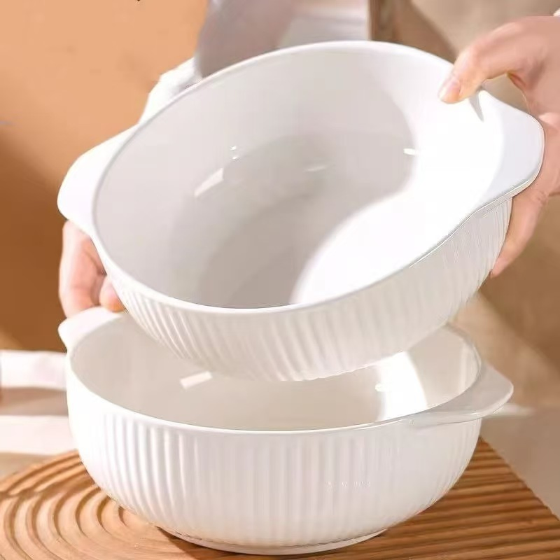 Large Capacity 10.5 Inch White Soup Bowl Prevent Scalding Dual-Ear Design Porcelainware Ceramic Kitchenware Tableware
