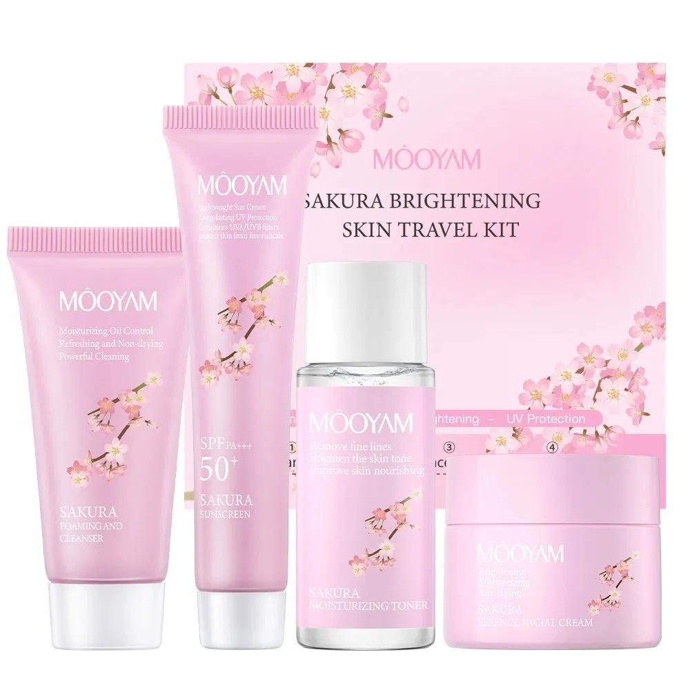 Private Label Sakura Travel Kit Moisturizing Whitening Facial Toner Cream Shrink Pores Oil Control Brightening Skin Care Set