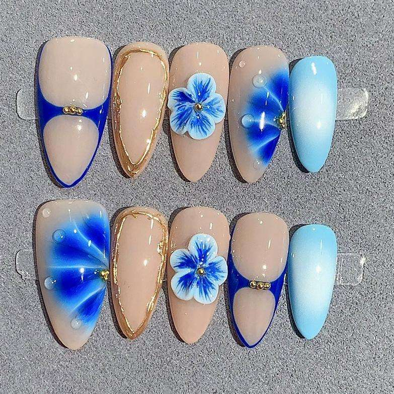 Hot Selling 100% Hand-Painted Ice Flower High Quality Fashionable False Nails Set with Glue Reusable Certified Wholesale