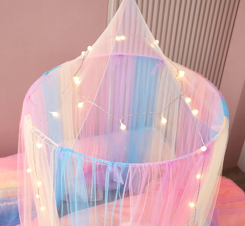 Rainbow Kids Bed Canopy with Lights Mosquito Netting for Twin Single Full Queen & King Size Beds Decor for Girls' Rooms