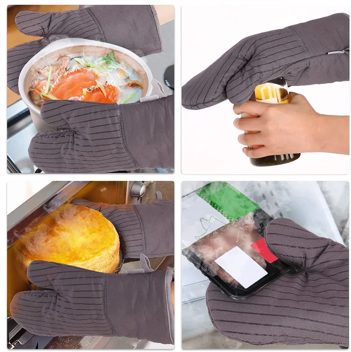 Oven Mitts and Pot Holders Sets Oven Mitts Heat Resistant with Cotton Lining and Non-Slip Silicone Striped Surface Hanging Loop and Potholders