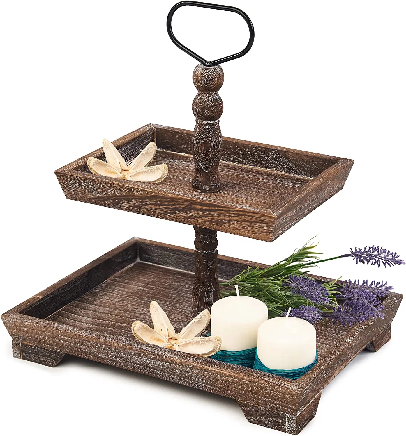 Rustic Farmhouse Tiered Tray Wooden 2 Layer Tray for Fruit Cake Desk Decor