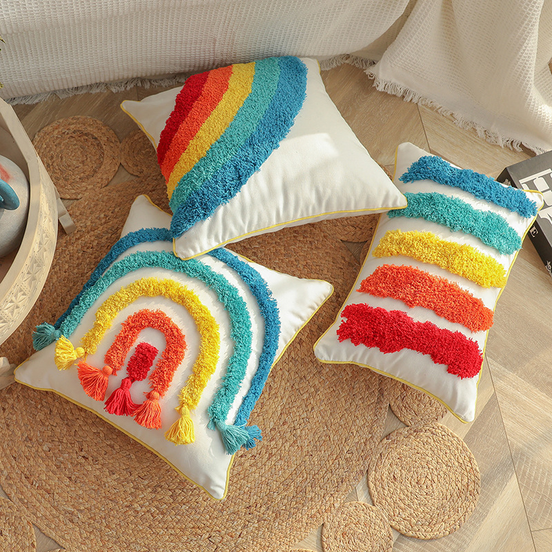 Rainbow Tufted Throw Pillow Cover, Woven Colorful Tufting Neutral Pillow Cases Modern Cushion Covers