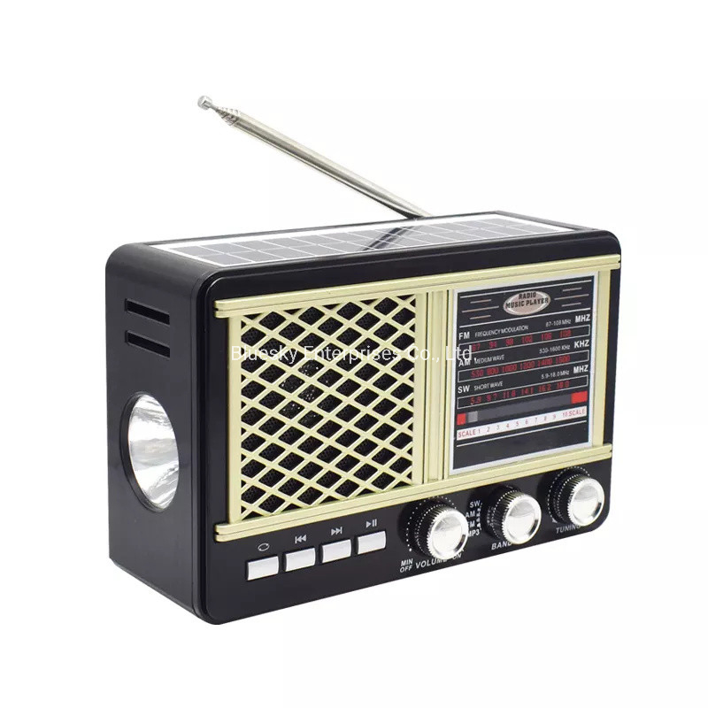 Rechargeable FM/Am/Sw Multiband Solar Panel Vintage Portable Radio with LED Flashlight