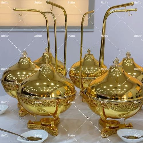 Hotel Restaurant Decorative Fancy Party Wedding Catering Buffet Shafing Dishes Hook Des Bell Hanging Lid Cover Hammered Chafing Dish Set