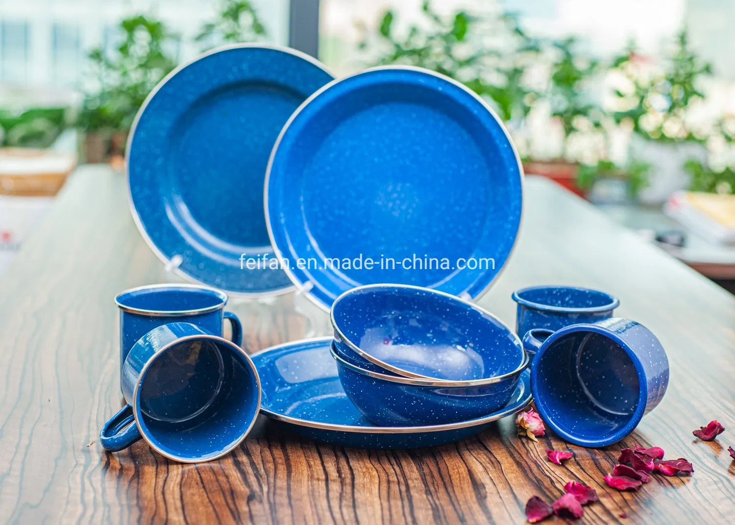 Enamel Camping Set 12PCS Dinnerware with Stainless Steel Rim