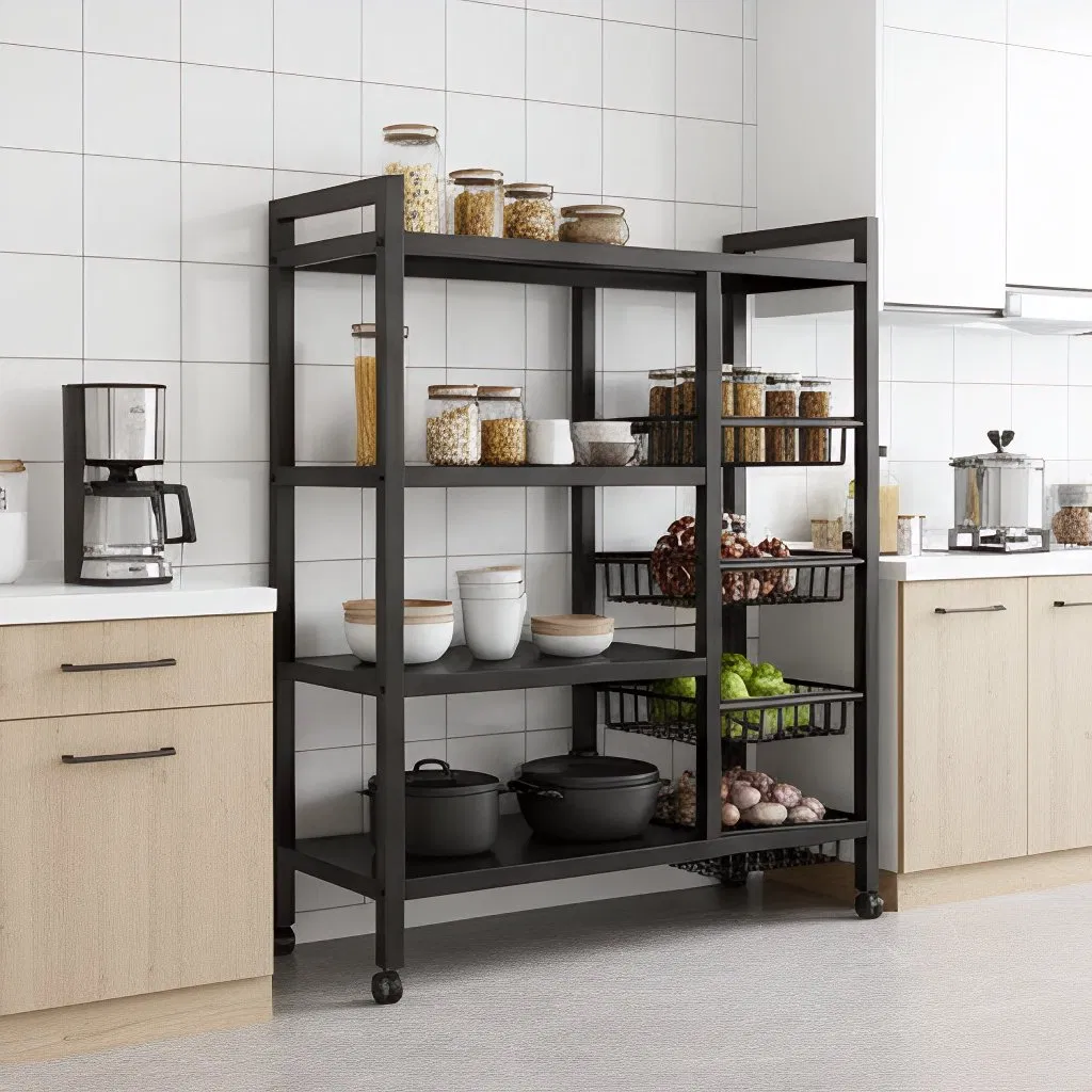 Multifunctional Floor-Standing No Assembly Metal Racking Heavy Duty Foldable Mobile Home Kitchen Storage Shelf
