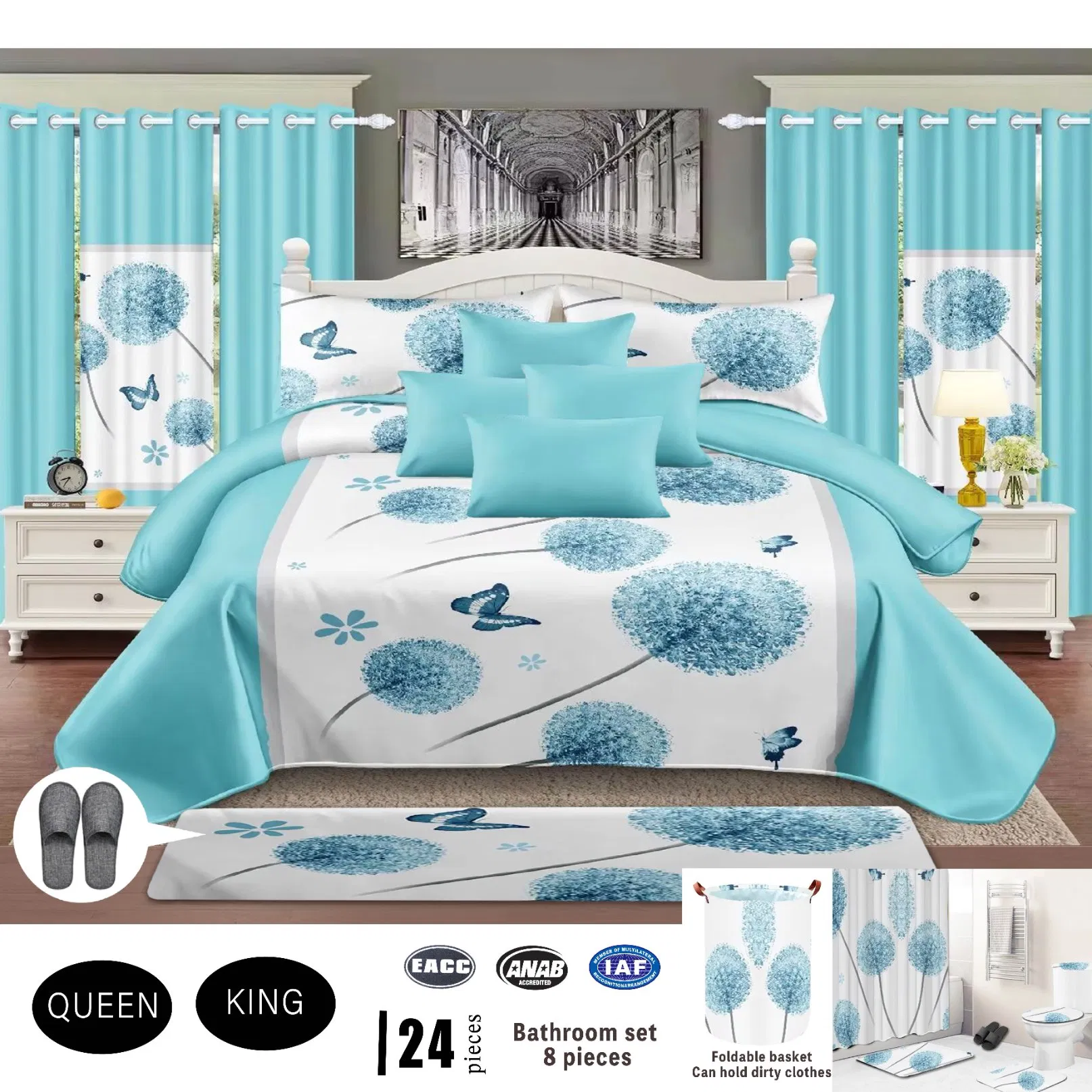 Blue Bathroom 8PCS Suite ODM/OEM Home Textile Printed 24 Pieces Bedding Set Polyester Bed Cover High End Quilted Bed Sheets Bedspread with Curtains Wholesaler