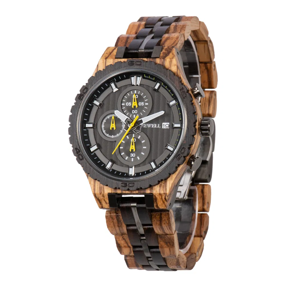 IP Color Men Wrist Wood Watches Chronograph Movement Stainless Steel Luxury Watches