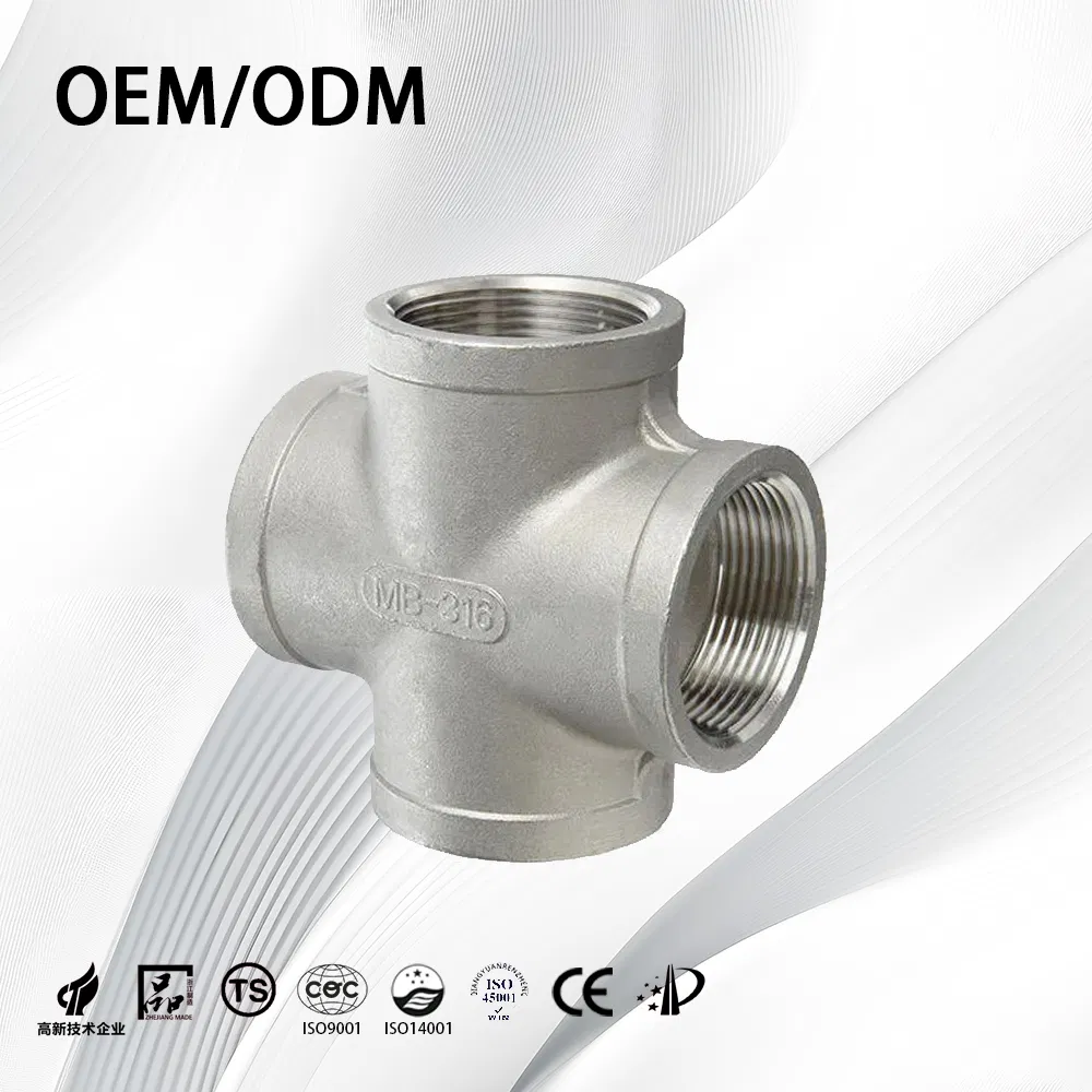SS304/SS316L ASME B16.9 Customize Durable Seamless Thick-Walled NPT/Bsp Equal Cross with Sandblasting