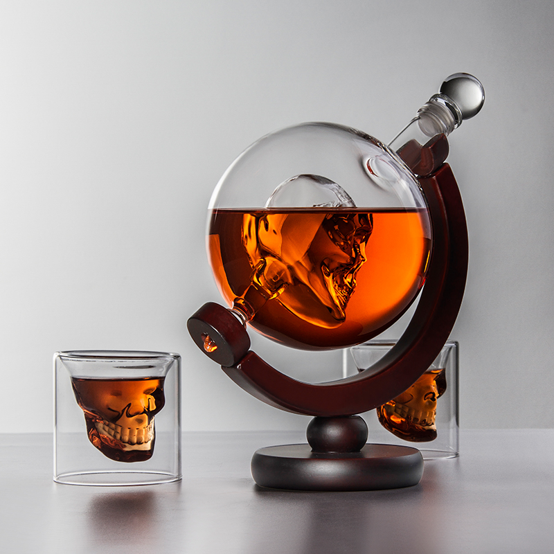 High Borosilicate Skull Decanter Dispenser Cup Set Globe Shape with Wooden Base