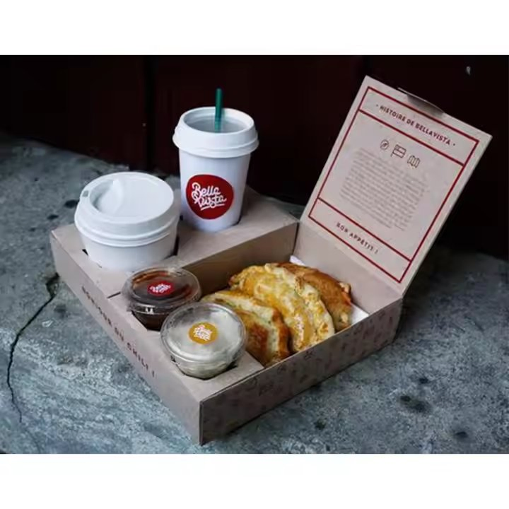 Kraft Corrugated Sandwich Pizza Burger French Fries Bento Box Chicken Cookie Packaging with Sauce Cup Divider