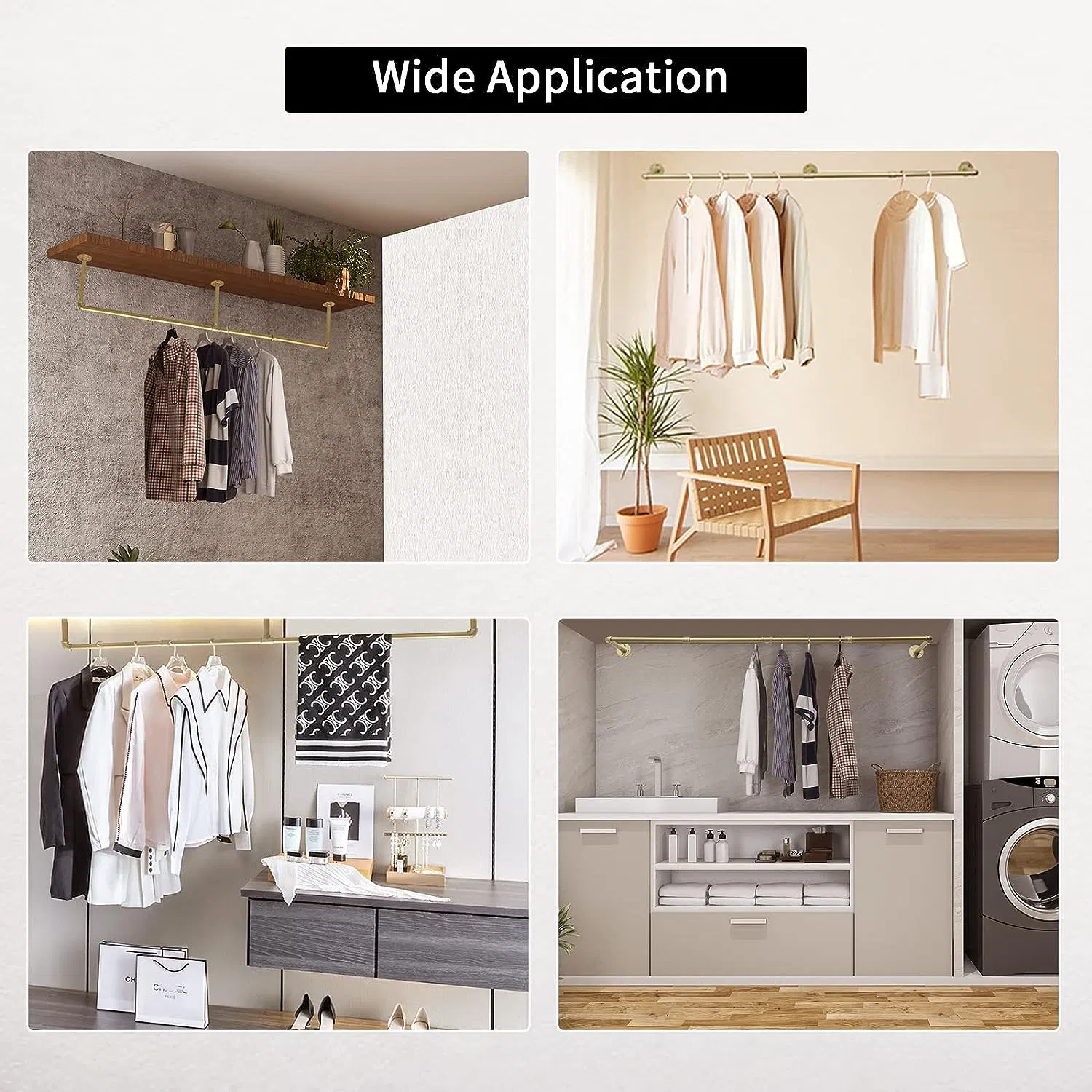 72inch Gold Wall Mounted Clothes Rack Industrial Pipe Garment Rack Hanging Rod Bar for Closet Storage