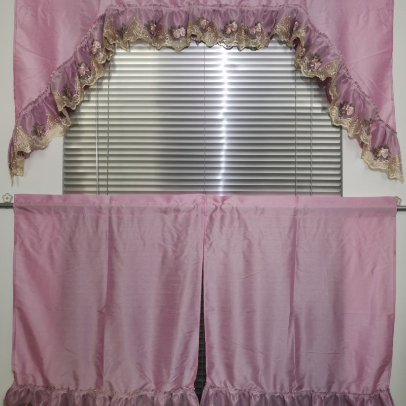 Olive Green Polyester Lace Border Curtain Elegant Curtain Panel Digital Printing Kitchen Curtain