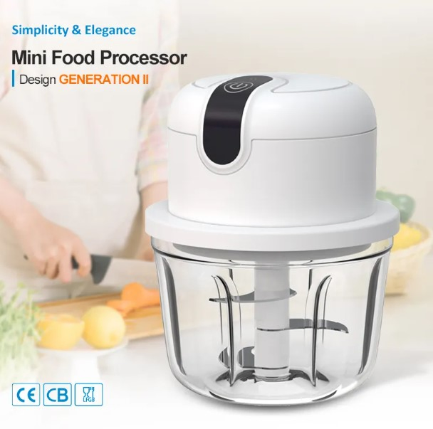 Baffle Design PS Cup Sticker Button 30W 1200mAh 1700rpm 350ml Electric Food Chopper with Offcenter Finger Groove Top