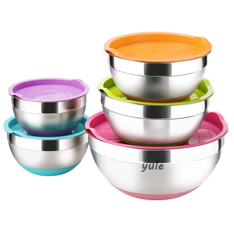 Colorful Non-Slip Design Silicone Bottom Stainless Steel Mixing Bowl Kitchenware