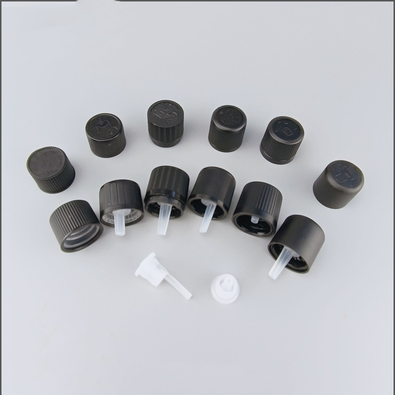 18mm 18/415 Europ Black Plastic Child Proof Essential Oil Bottle Cap Screw Cap with Dropper Insert for German Market