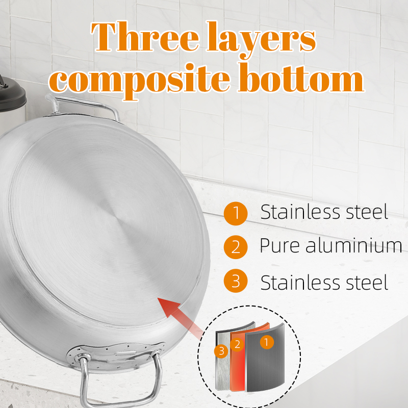 Daosheng Hotel Kitchen Double Ears Composite Bottom Commercial Cookware Sanding Finish Stainless Steel Chef Frying Pan