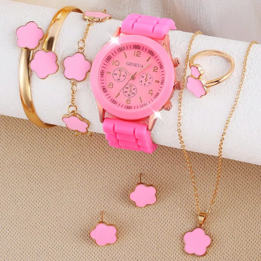 Pink Women's Niche Design Quartz Watch Set Simple Exquisite