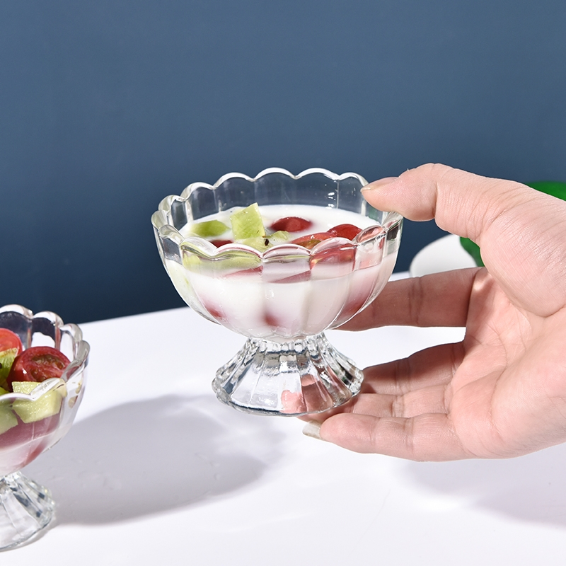 120ml 4.1oz Machine Pressed Transparent Engraved Sundae Glass Ice Cream Cup with Foot