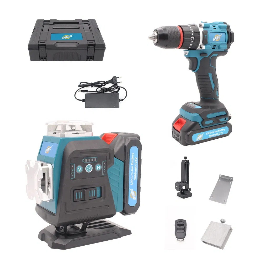 Jsperfect 4D Green Lithium Battery Laser Level and Cordless Impact Drill Tool Box