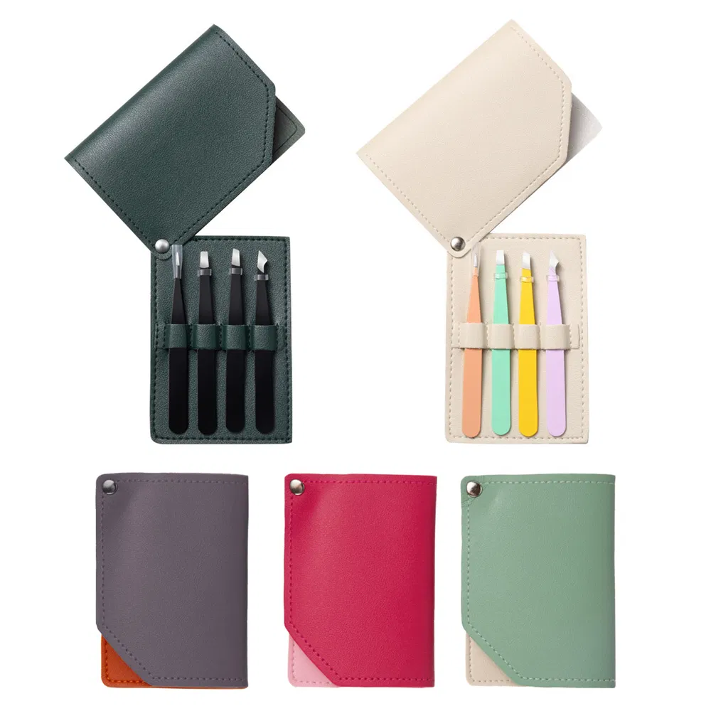 4PCS Manicure Makeup Tool Kits Beauty Tweezer Facial Eyelash Clip Set Eyebrow Tweezers with Leather Case