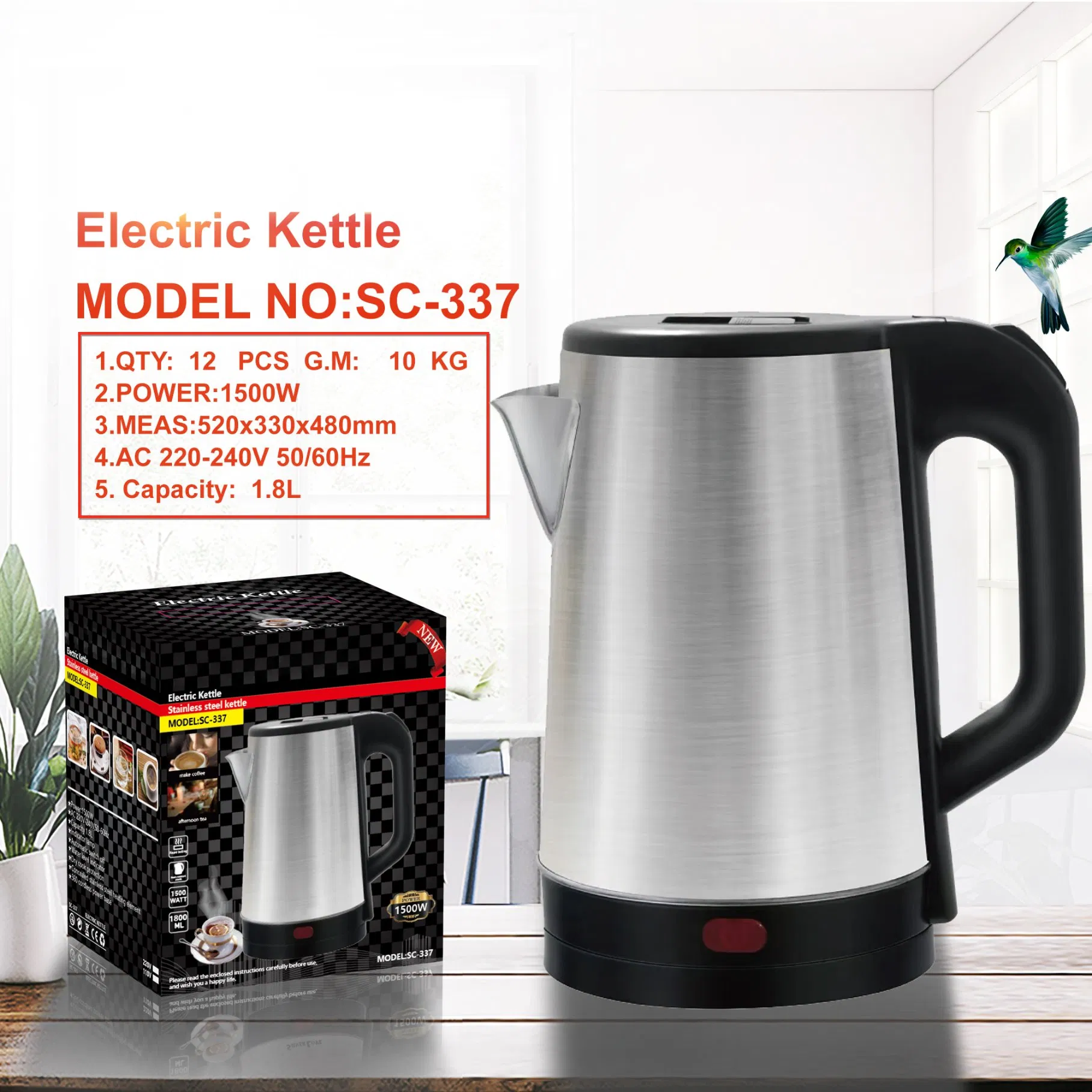 Sc-337 Household and Hotel Stainless Steel Electric Kettle 220V Electric Kettle for Home Kitchen Use