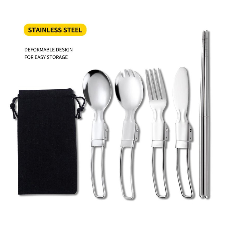Travel Service Flatware Set Stainless Steel Portable Foldable Knife Fork Spoon Cutlery with Bag