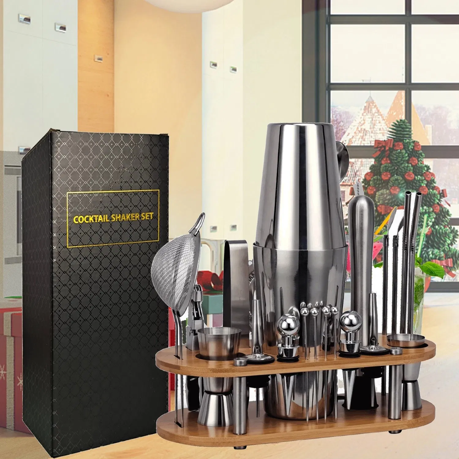 Custom Logo 23-Piece Cocktail Shaker Set Bartender Kit with Oval Bamboo Stand Detachable Home Bar Tools Stainless Stee