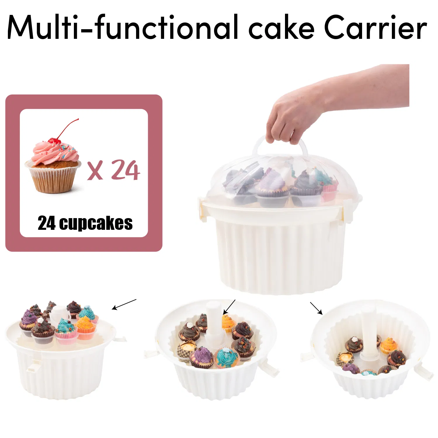 Red PP Cupcake Carrier Stand Cupcake Carousel with Foldable Handle 24 Cupcakes for Muffins Cookies for Dessert Muffin Carrier Holder Container