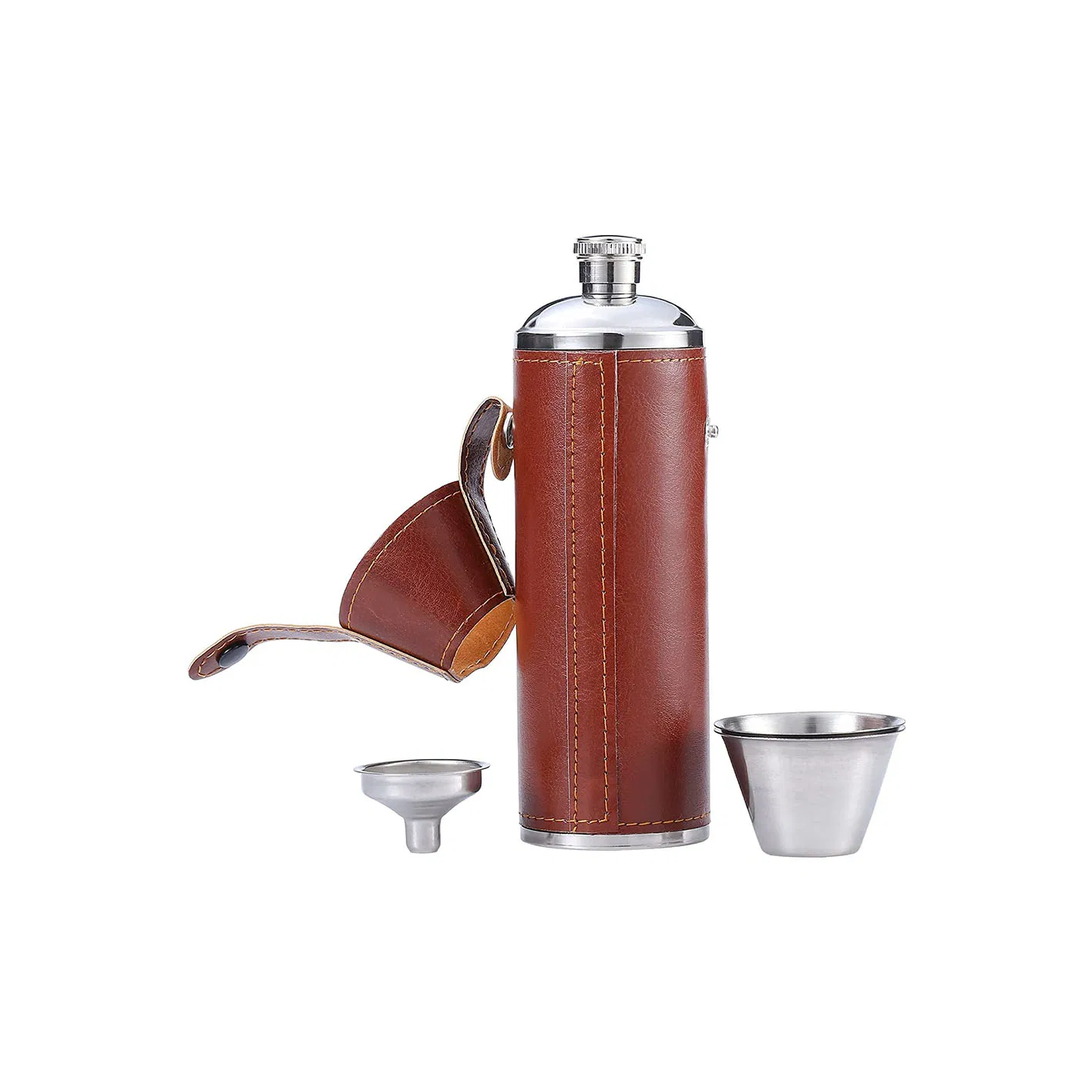 10 Oz Brown PU Leather Bucket Stainless Steel Leak Proof Hip Flask for Aberfeldy with Funnel and Cups