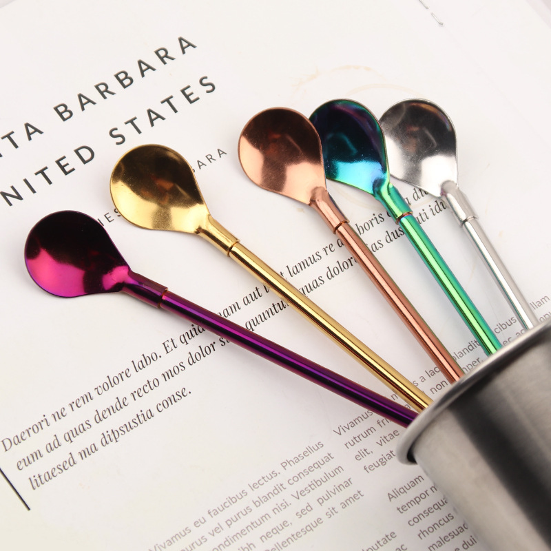 Colored 304 Stainless Steel Reusable 215mm Long Straw with Spoon