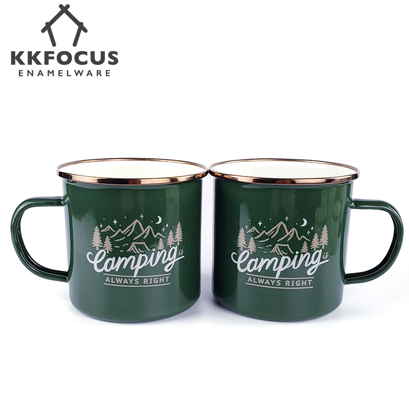 Enamel Mug Cup Green White Couple of Set Golden SS304 Rim