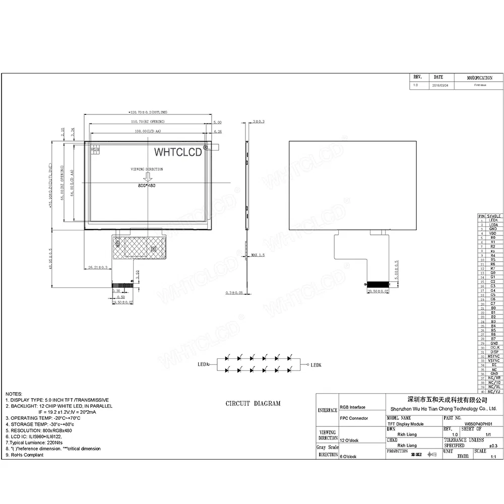 5-дюймовый сенсорный LCD-дисплей 800x480