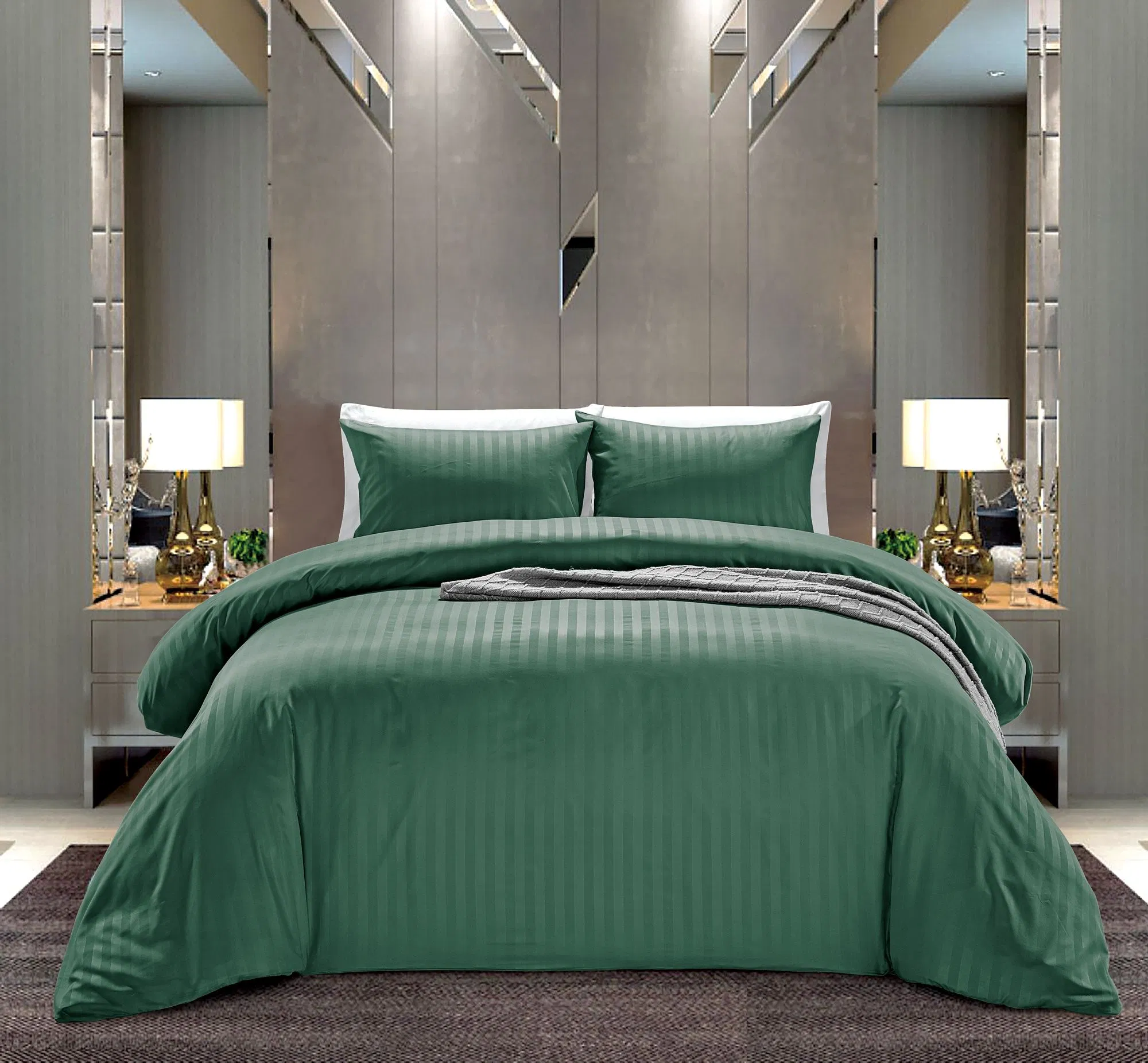 High-Quality Well Brushed and Soft, Anti-Pilling Microfiber Duvet Cover Set, Double Size Green Color 2cm Stripe, Button Closure