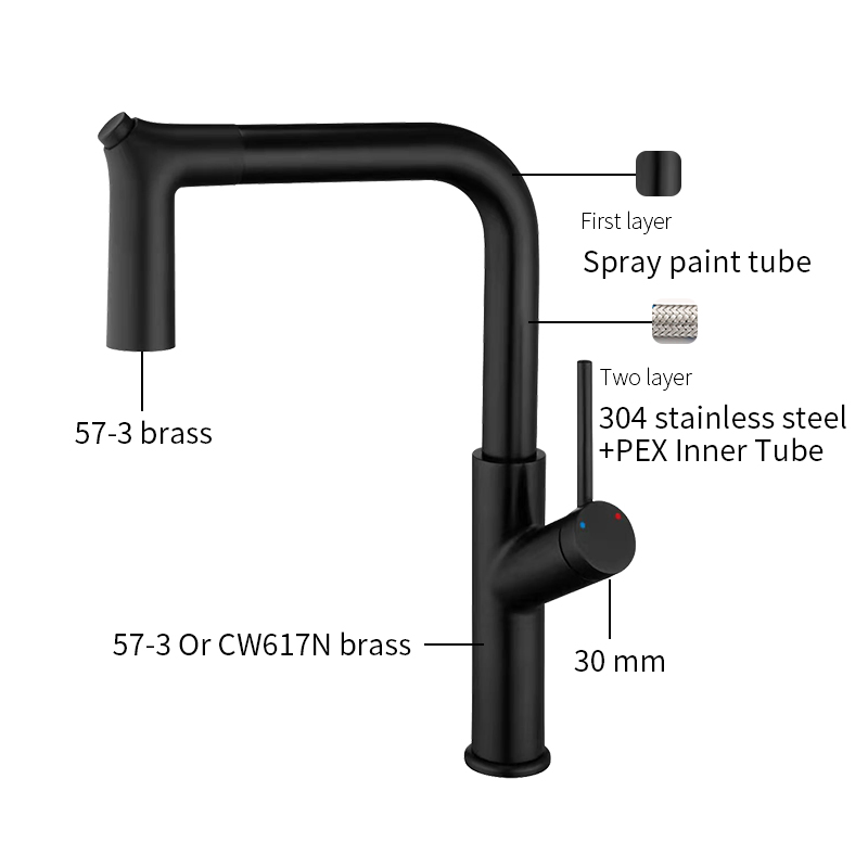 Tiema Luxury Black Water Brass Pull out Sink Kitchen Taps