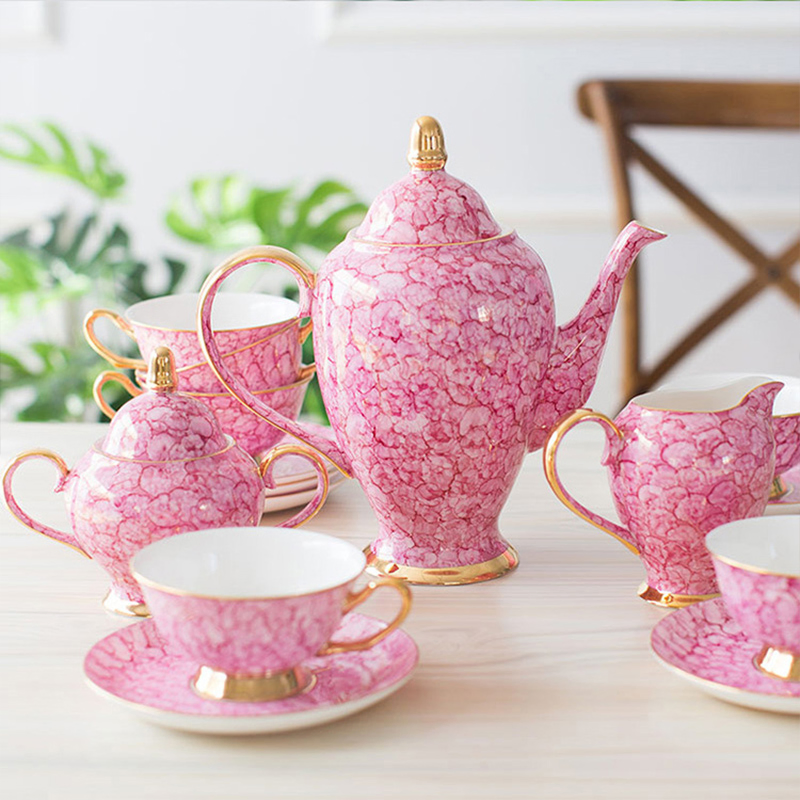 Фарфоровый кофейный сервиз Bone China, 15 предметов, сапфирово-розовый