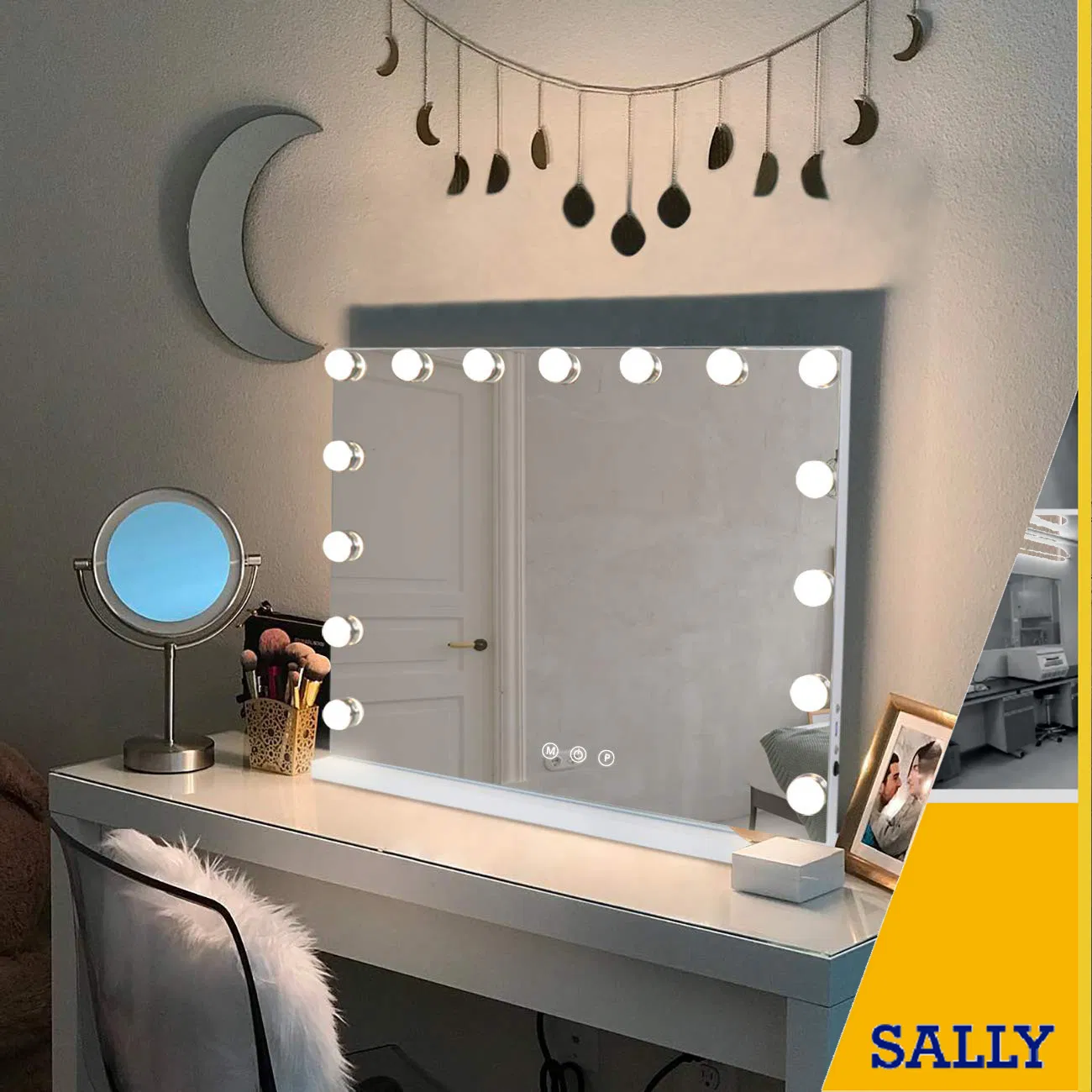 Sally Hollywood Lighted Makeup Mirror with Dimmable LED Bulbs for Dressing Room Vanity Mirror with Lights & Bedroom Tabletop or Wall-Mounted