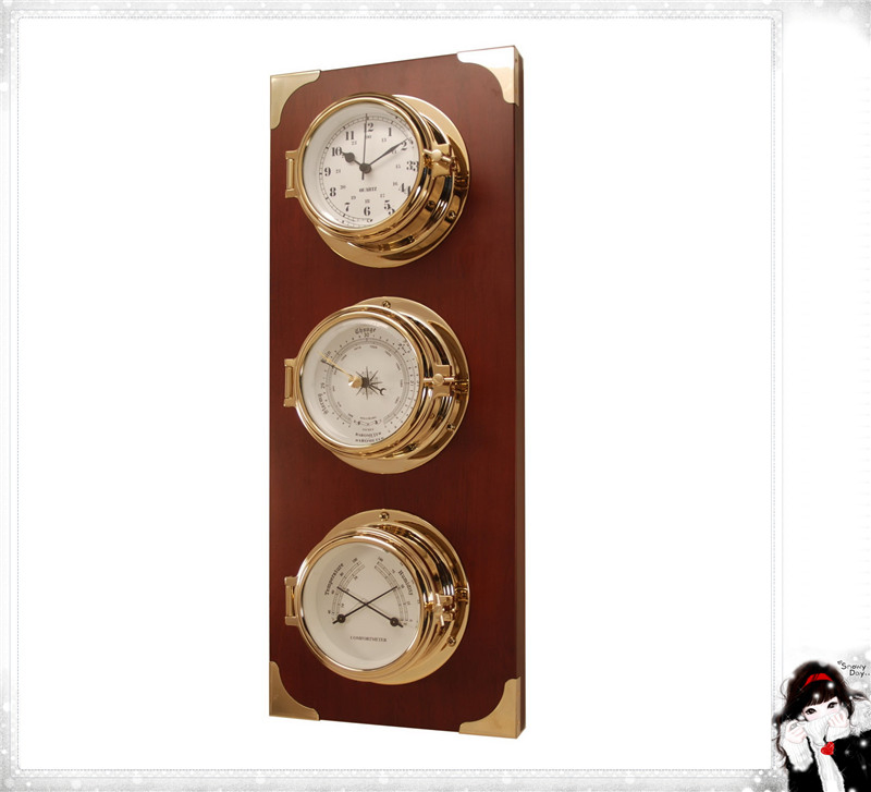 Nautical Clock & Barometer with Solid Wood Plaque