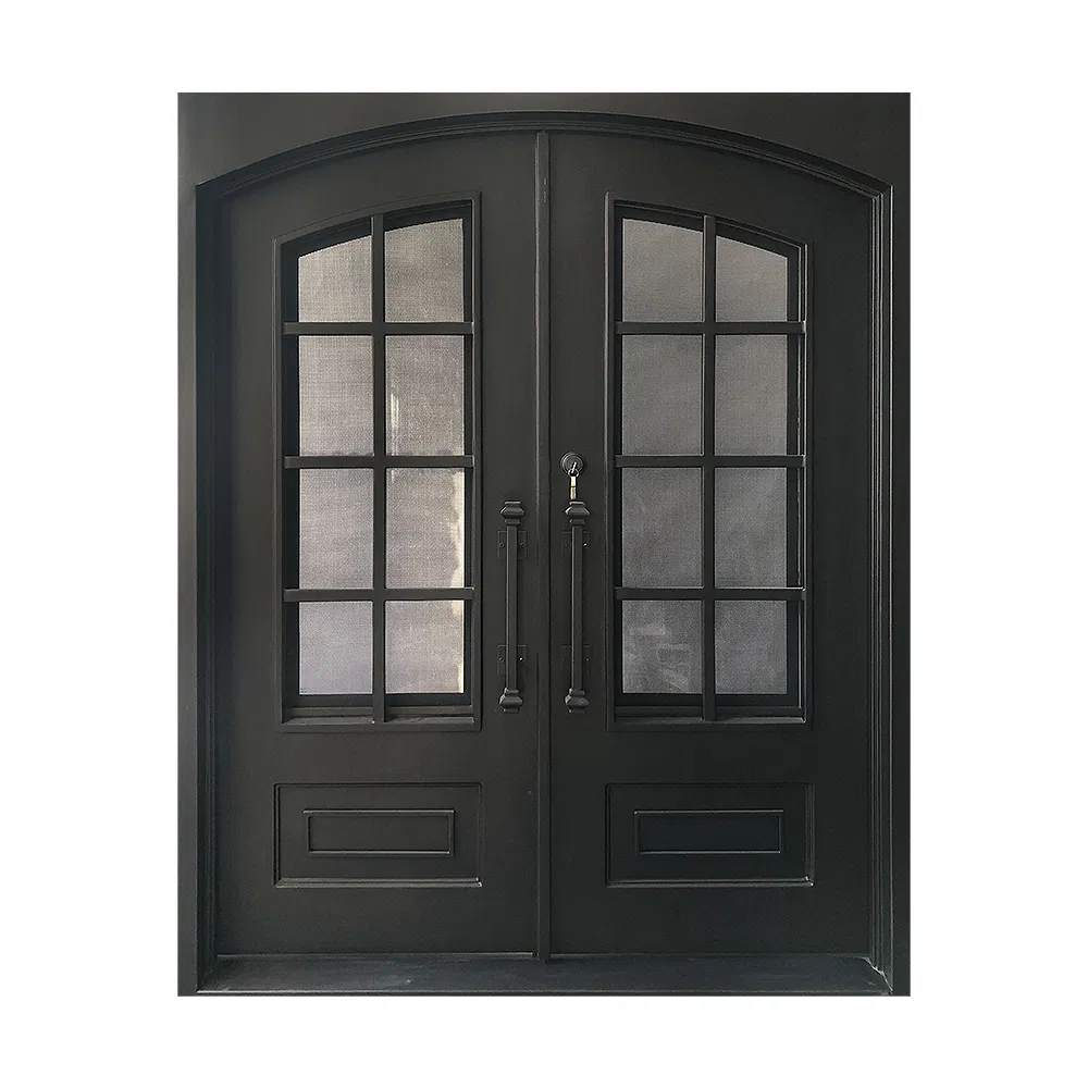 Black Modern Elegant French Front Entry Security Steel Steel Glass Wrought Iron Windows and Door