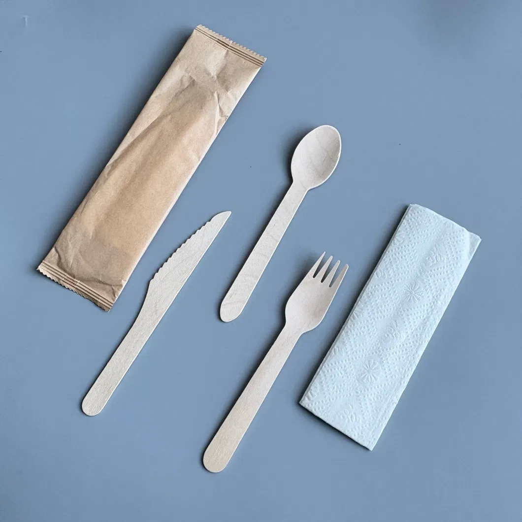 Eco-Friendly 160mm Biodegradable Disposable Birch Spoon Fork Knife with Individual Packaging