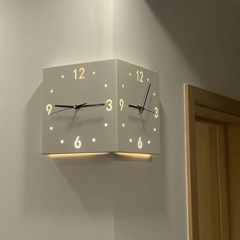 Inductive Luminous Corner Clock Double-Sided Wall Clock Iron Digital Hollowed out