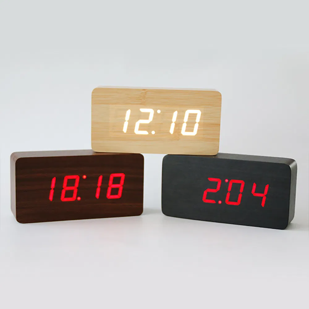 Table Decorative Wood LED Alarm Clock Temperature and Date Display