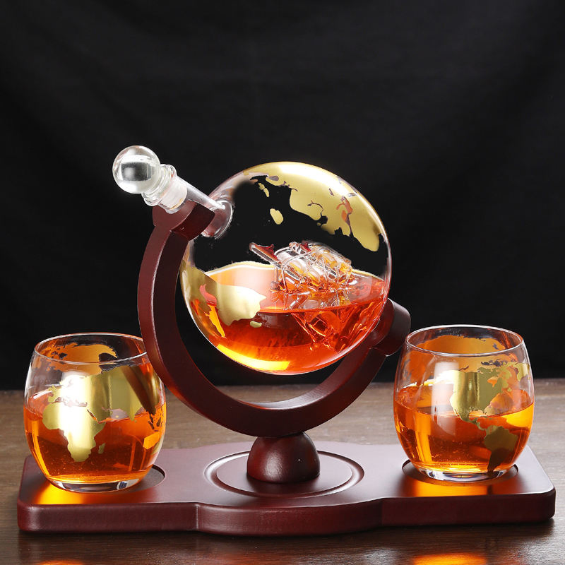 1000ml High Borosilicate Creative Globe Sherry Wine Gun Whiskey Liquer Glass Decanter Set with Glasses